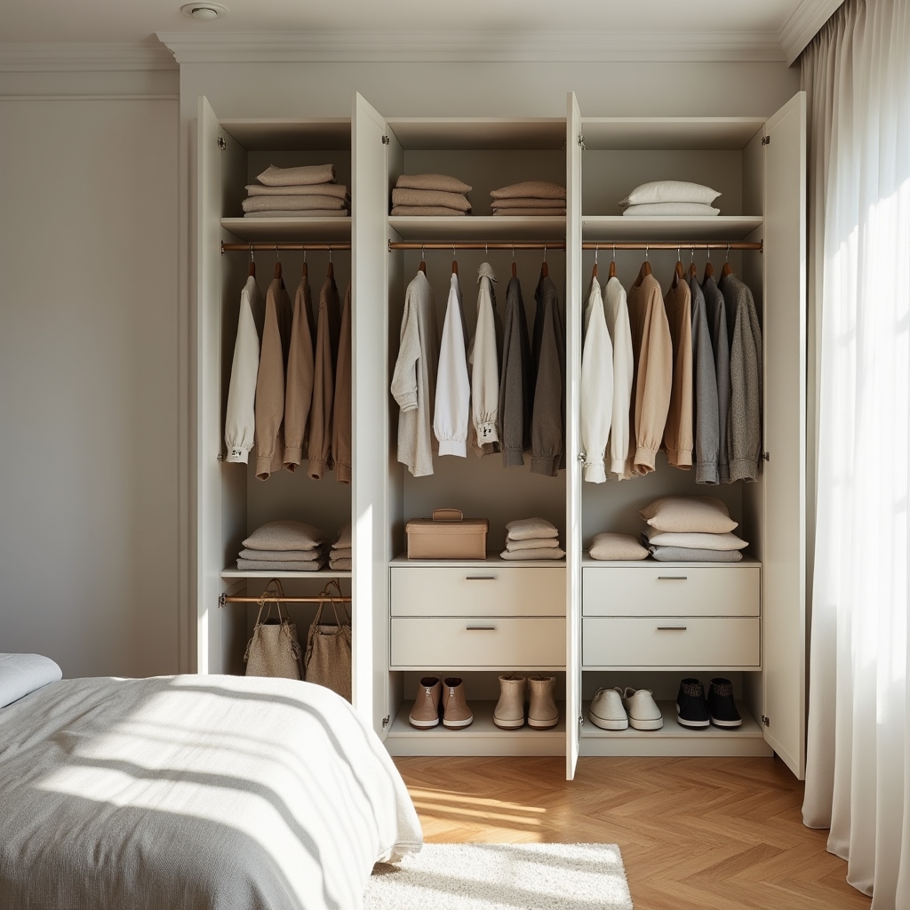 Camera da letto riorganizzata con armadi ottimizzati e spazi contenimento su misura