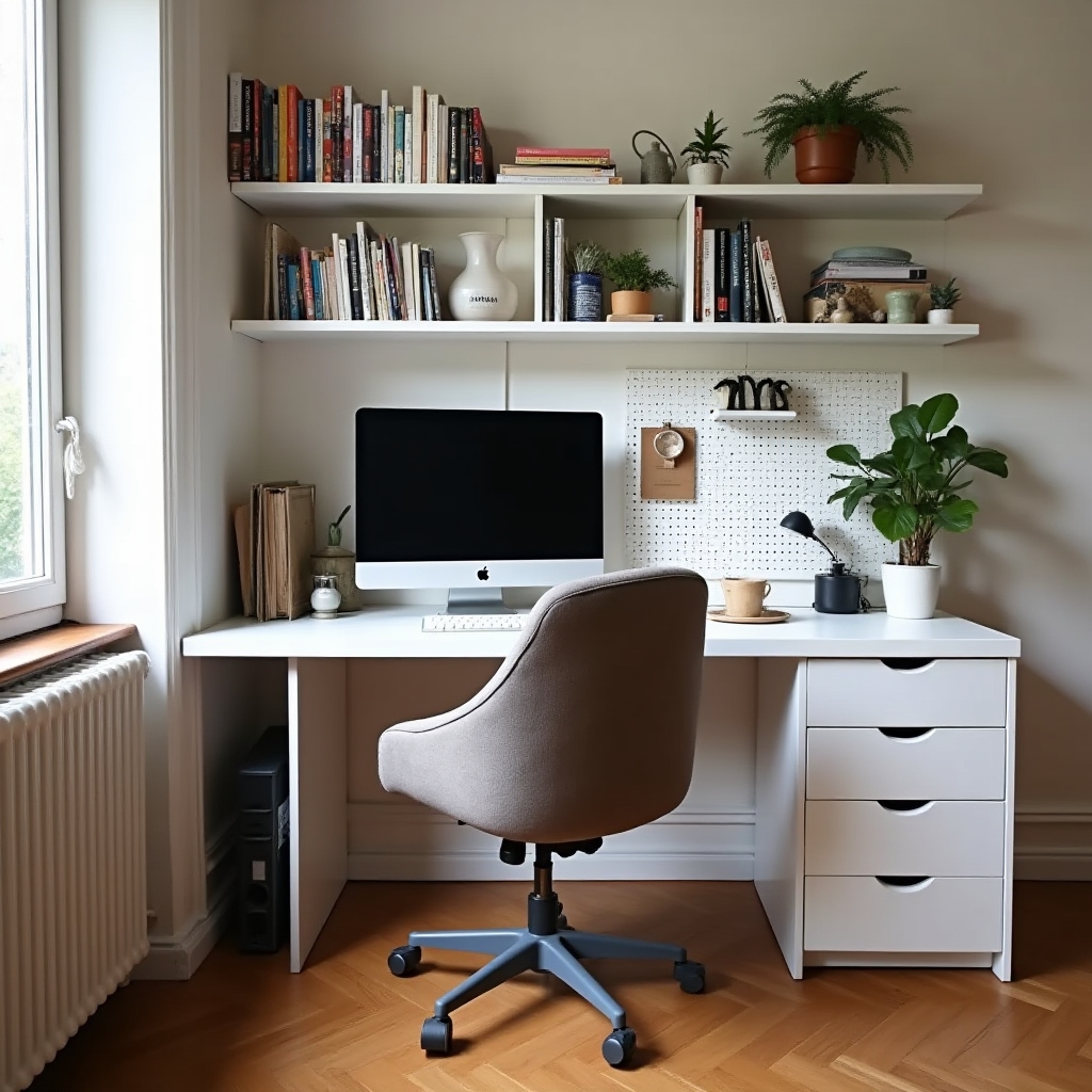 Home office organizzato con scrivania funzionale e soluzioni di archiviazione